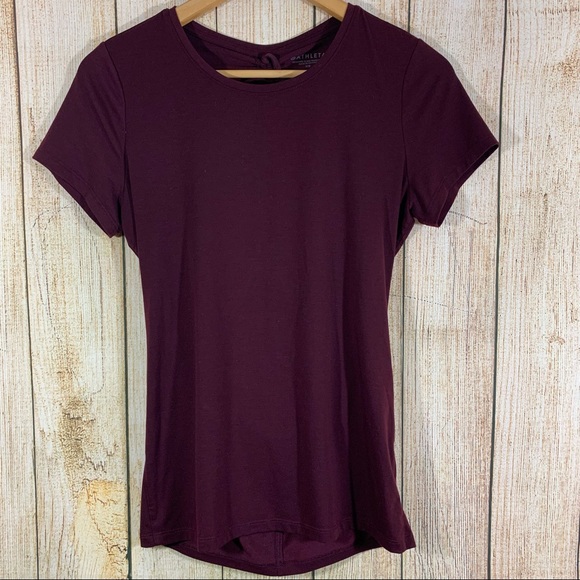 Athleta Burgundy Short Sleeve Ruched Open Back Top